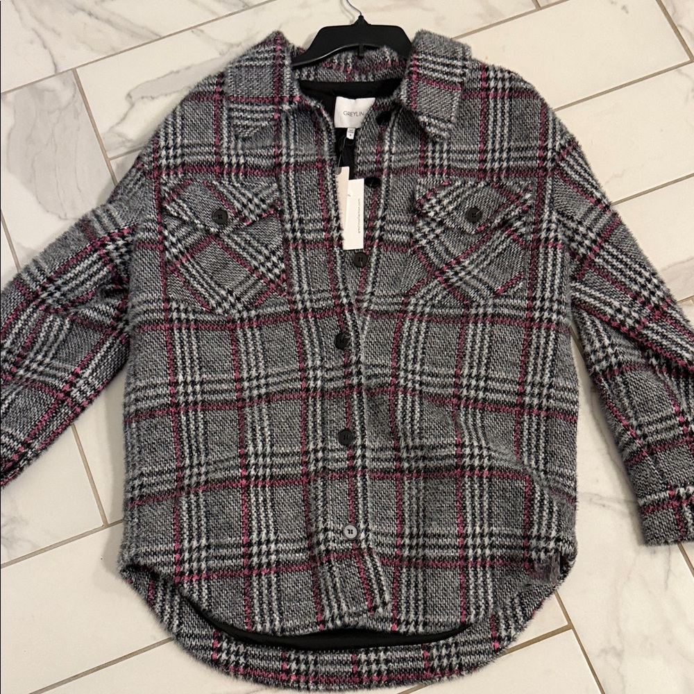 Greylin Gray and Pink Plaid Button Jacket